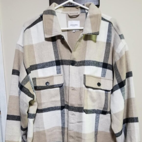 Jack Jones Shacket Overshirt XXL Plaid Jacket Sweater Tan Ivory Casual Leisure - Picture 1 of 7